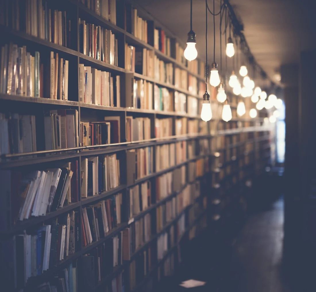 Rows of books in a warmly lit library